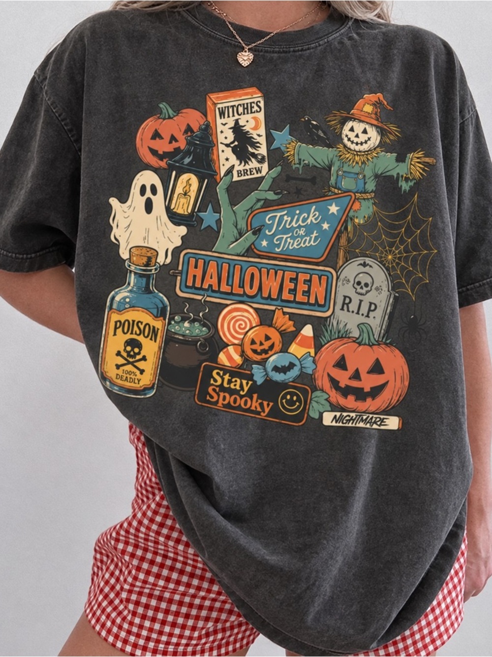 Halloween Trick or Treat Stay Spooky Graphic T-Shirt Charcoal Unisex